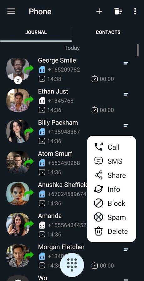 Call journal with per-entry actions: call, SMS, block, spam